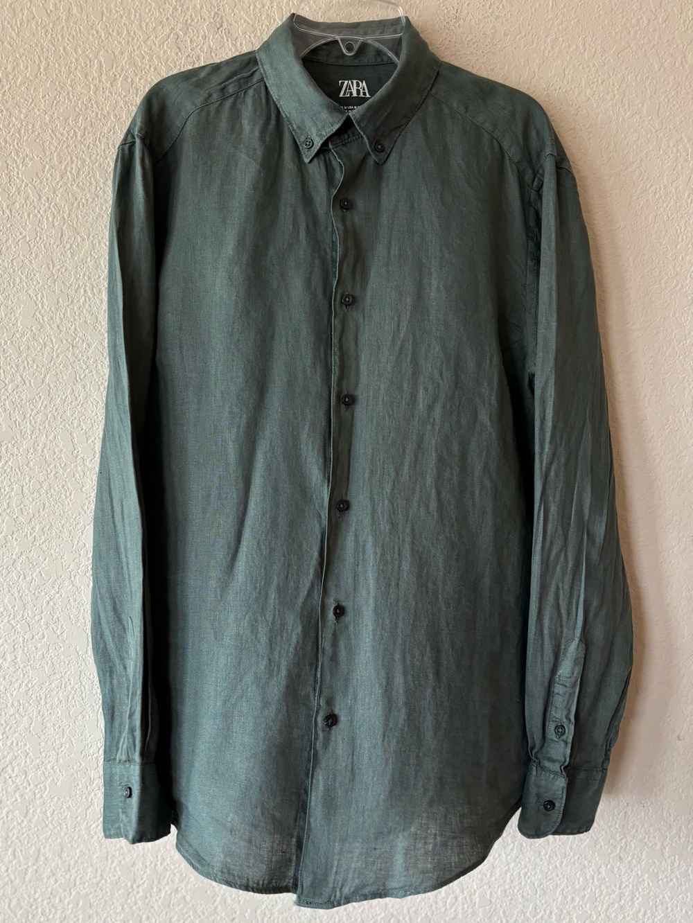 Zara 100% LINEN REGULAR FIT SHIRT Dark Green M